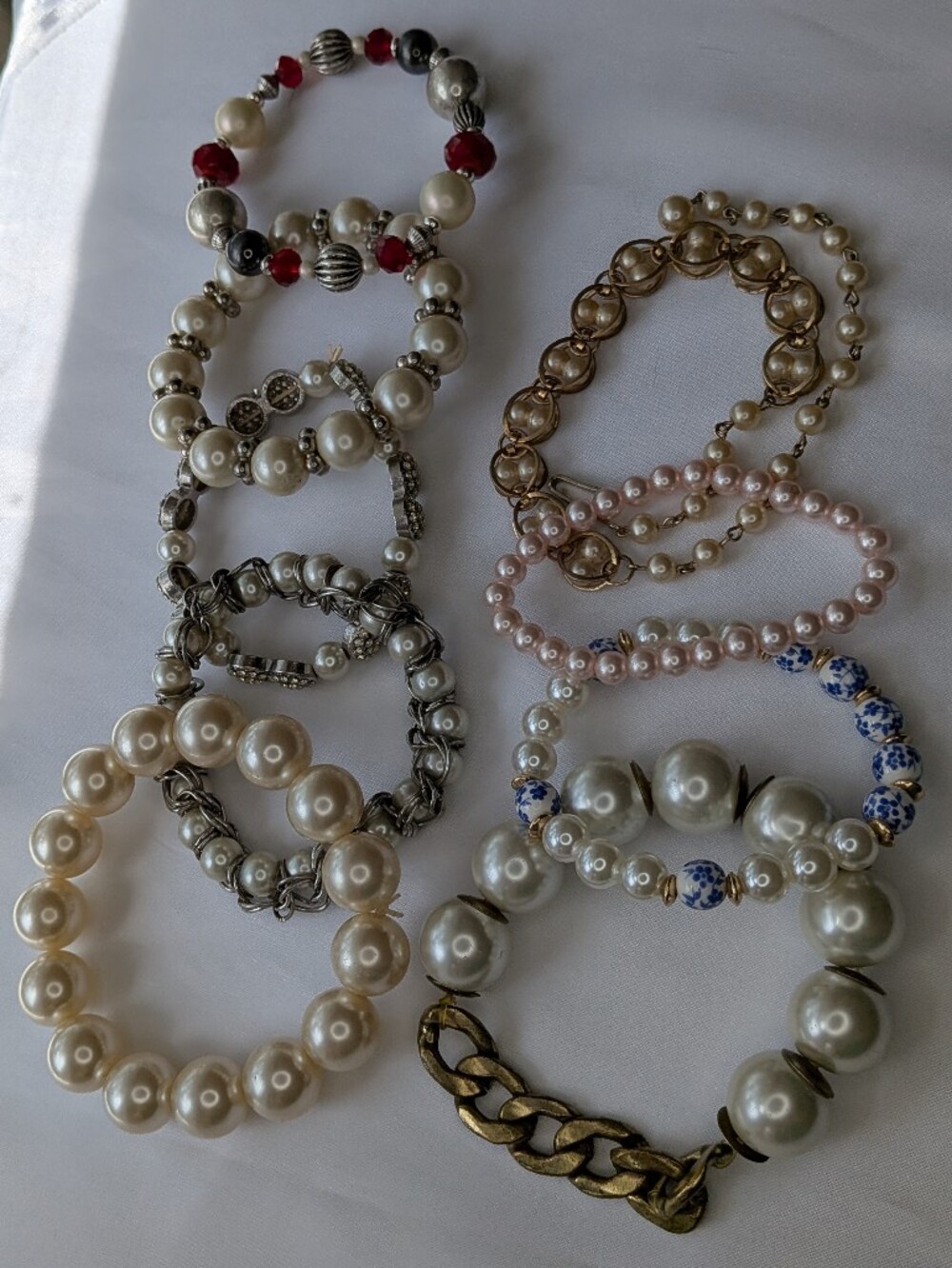 Title:Lot of 9 Faux Pearl Statement Stretchy Bracelets Chunky Rhinestone